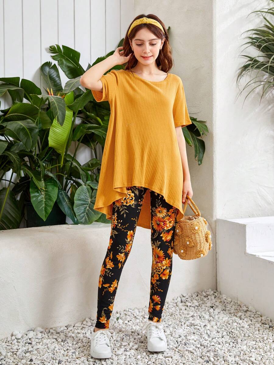 SHEIN Bộ hai mảnh Gái Gân đan Cao thấp Hoa Boho - Màu Mù tạt vàng - Xem 1