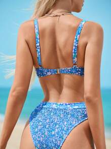 Summer Ditsy Floral Print Underwire Bikini Set - Blue - View 2