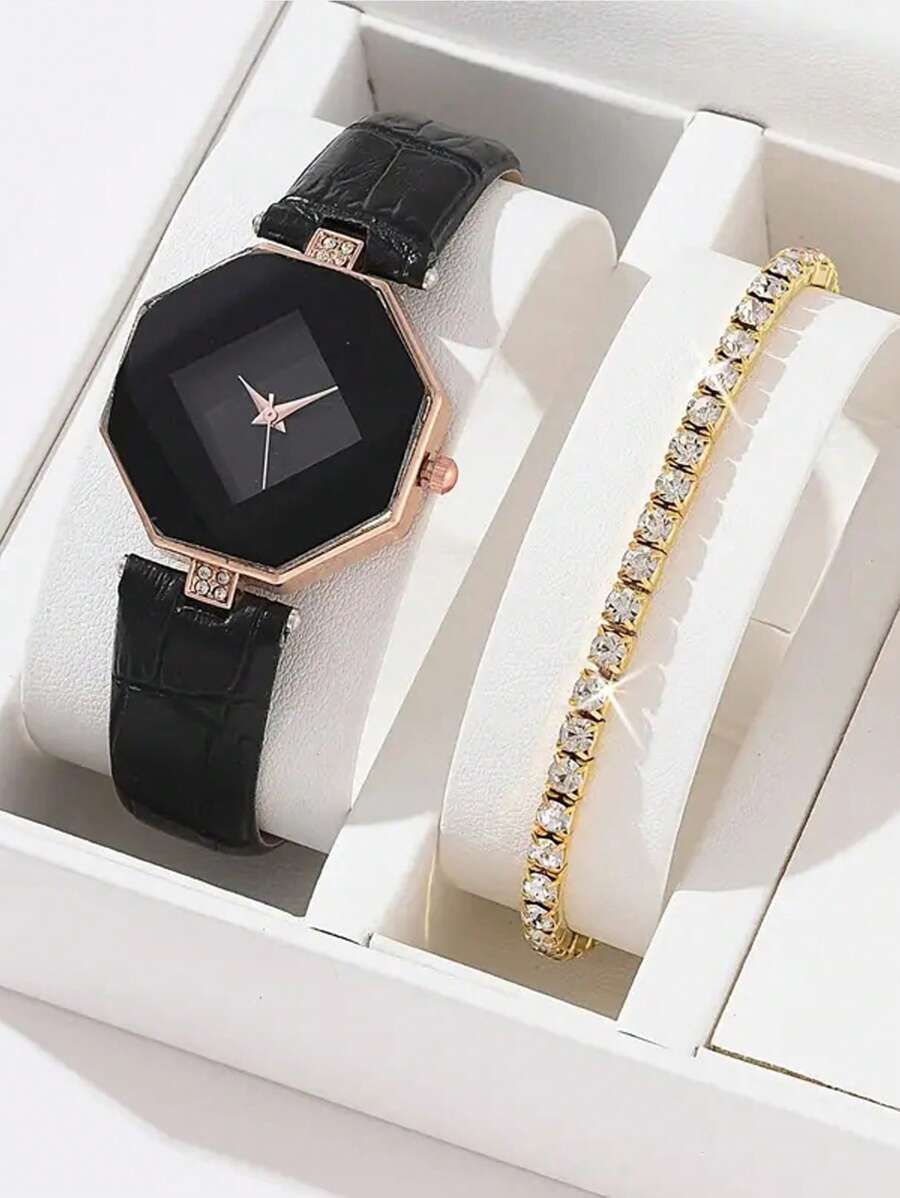 1入組極簡石英表和1入組手環 - 黑色 - 查看 1