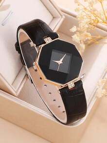 1入組極簡石英表和1入組手環 - 黑色 - 查看 2