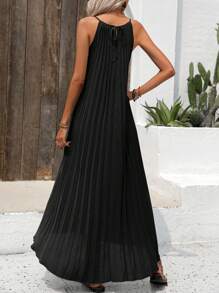 Breezaya 纯色褶皱吊带连衣裙 长款度假海滩装 女款 - 黑色 - 查看 2