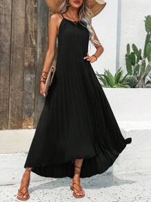 Breezaya 纯色褶皱吊带连衣裙 长款度假海滩装 女款 - 黑色 - 查看 3