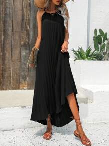 Breezaya 纯色褶皱吊带连衣裙 长款度假海滩装 女款 - 黑色 - 查看 5