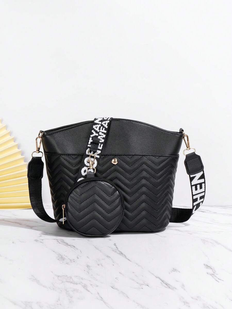 Chevron Detail Bucket Bag With Coin Purse Fashion Black - Black - View 1