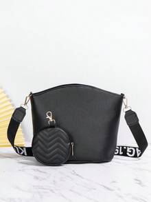 Chevron Detail Bucket Bag With Coin Purse Fashion Black - Black - View 2