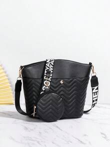 Chevron Detail Bucket Bag With Coin Purse Fashion Black - Black - View 3