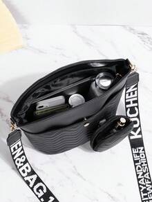 Chevron Detail Bucket Bag With Coin Purse Fashion Black - Black - View 5