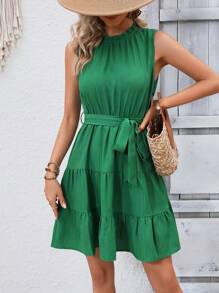 SHEIN VCAY Frill Neck Ruffle Hem Belted Dress - Green - View 4