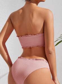 SHEIN Swim Summer Beach Lettuce Trim Bandeau Bikini Set - Dusty Pink - View 4