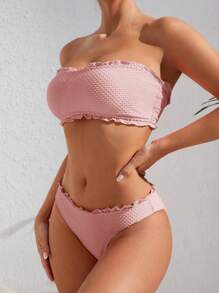 SHEIN Swim Summer Beach Lettuce Trim Bandeau Bikini Set - Dusty Pink - View 3