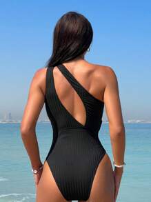 Ribbed Knit One Shoulder One Piece Swimsuit Black Bathing Suit - Black - View 1