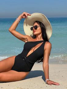 Ribbed Knit One Shoulder One Piece Swimsuit Black Bathing Suit - Black - View 5