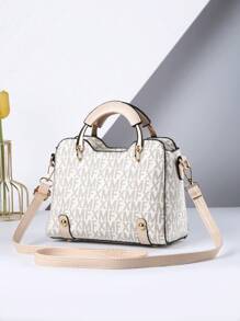 Bolsa De Mano Redonda Con Estampado De Letras Y Muñequera A La Moda - Beis - Ver 1