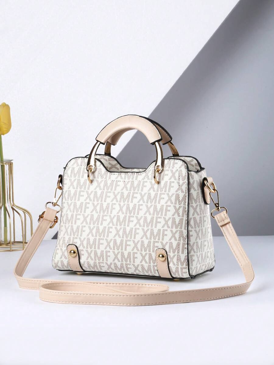 Bolsa De Mano Redonda Con Estampado De Letras Y Muñequera A La Moda - Beis - Ver 1