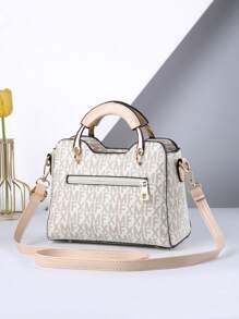 Bolsa De Mano Redonda Con Estampado De Letras Y Muñequera A La Moda - Beis - Ver 2