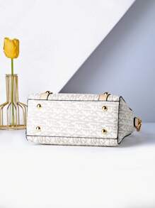 Bolsa De Mano Redonda Con Estampado De Letras Y Muñequera A La Moda - Beis - Ver 6