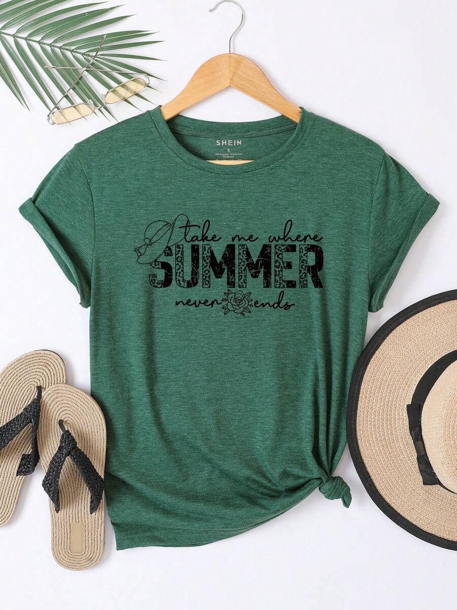 SHEIN LUNE Floral And Letter Graphic Tee - Dark Green - View 1