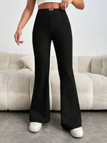 SHEIN EZwear Quần thể thao nữ Đắp vá Gân đan Lá thư - màu đen - Xem 1