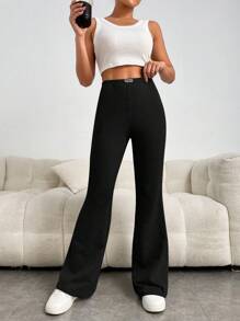 SHEIN EZwear Quần thể thao nữ Đắp vá Gân đan Lá thư - màu đen - Xem 3