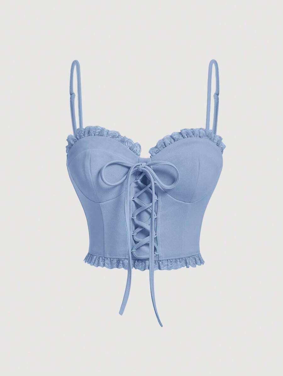 SHEIN MOD 褶邊前繫帶吊帶上衣