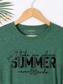 SHEIN LUNE Floral And Letter Graphic Tee - Dark Green - View 4