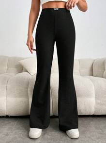 SHEIN EZwear Quần thể thao nữ Đắp vá Gân đan Lá thư - màu đen - Xem 4