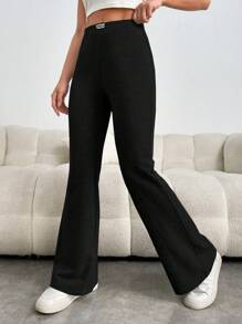 SHEIN EZwear Quần thể thao nữ Đắp vá Gân đan Lá thư - màu đen - Xem 5