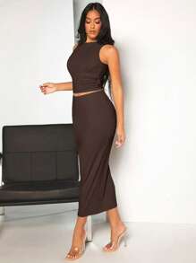 SHEIN BAE 素色短款背心和鉛筆裙 - 巧克力棕 - 查看 4