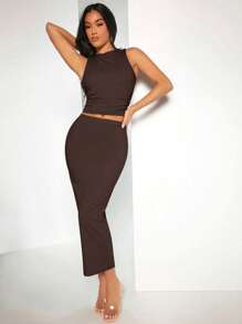 SHEIN BAE 素色短款背心和鉛筆裙 - 巧克力棕 - 查看 5