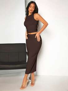 SHEIN BAE 素色短款背心和鉛筆裙 - 巧克力棕 - 查看 6