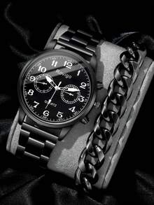 1入組黑色鋅合金帶商業圓形錶盤石英表和1入組手鏈,適用於日常生活 - 黑色 - 查看 1