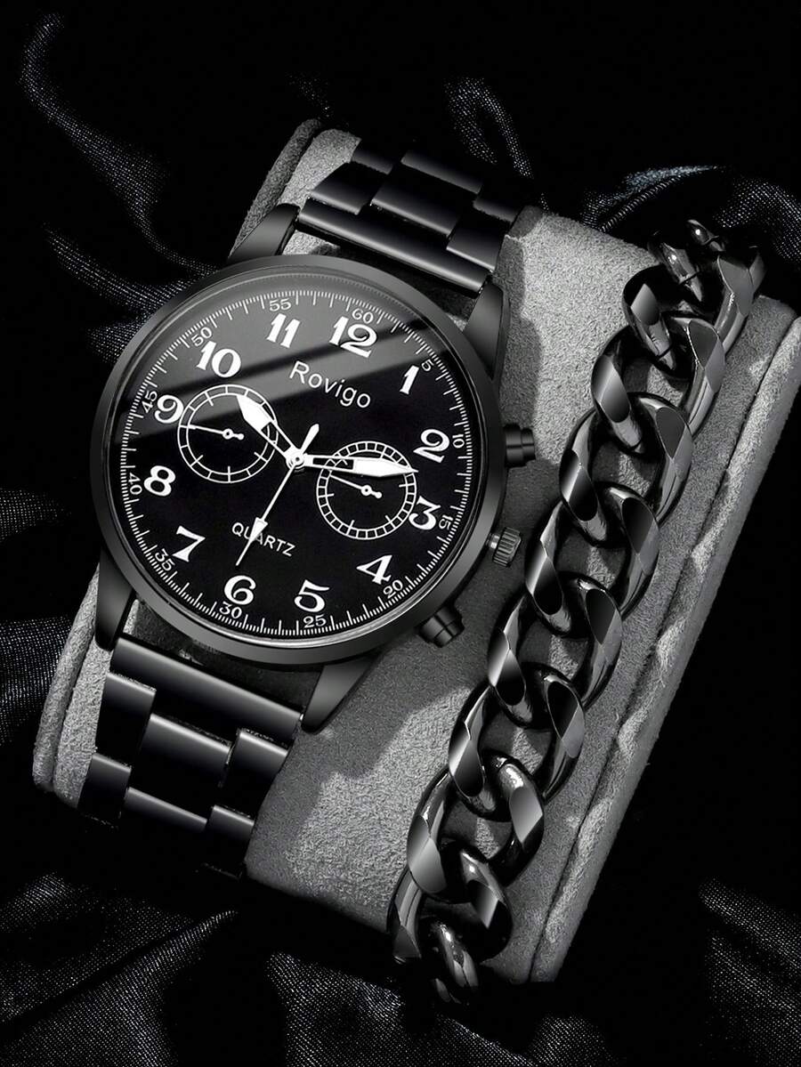 1入組黑色鋅合金帶商業圓形錶盤石英表和1入組手鏈,適用於日常生活 - 黑色 - 查看 1