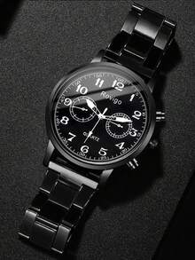 1入組黑色鋅合金帶商業圓形錶盤石英表和1入組手鏈,適用於日常生活 - 黑色 - 查看 3