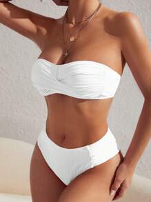 SHEIN Swim Summer Beach Twist Front Bandeau Bikini Set - White - View 3