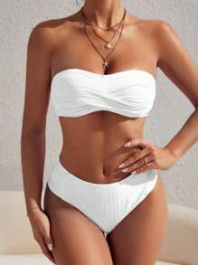 SHEIN Swim Summer Beach Twist Front Bandeau Bikini Set - White - View 4