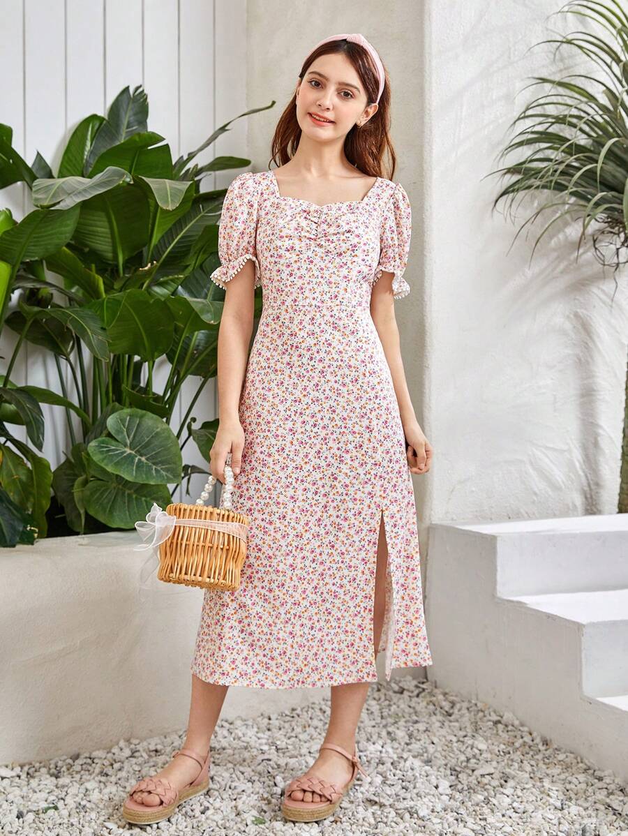 SHEIN 青少年女孩碎花高衩連衣裙 - 彩色 - 查看 1