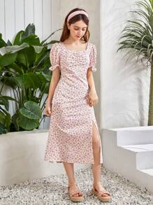 SHEIN 青少年女孩碎花高衩連衣裙 - 彩色 - 查看 2