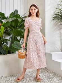 SHEIN 青少年女孩碎花高衩連衣裙 - 彩色 - 查看 5