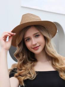 素色寬邊緣帽 - 卡其色 - 查看 1