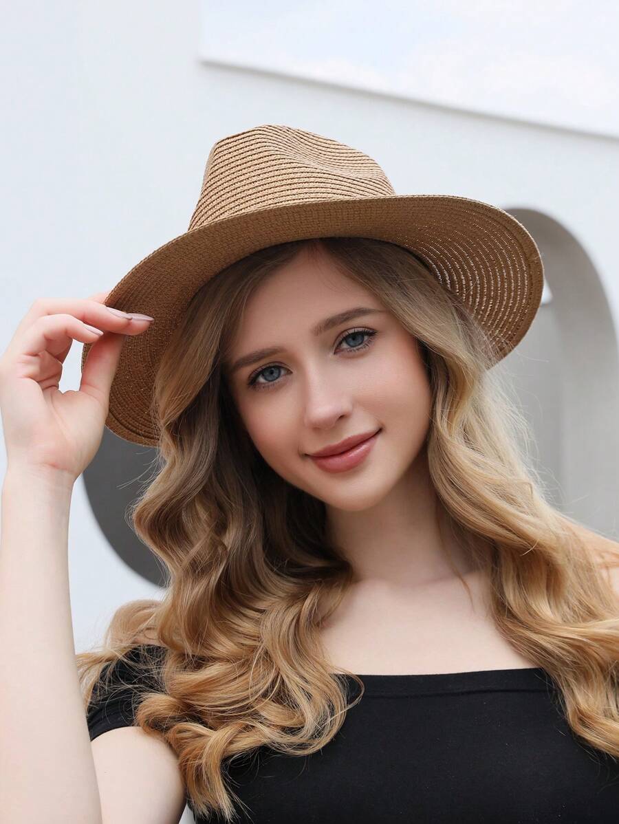 素色寬邊緣帽 - 卡其色 - 查看 1