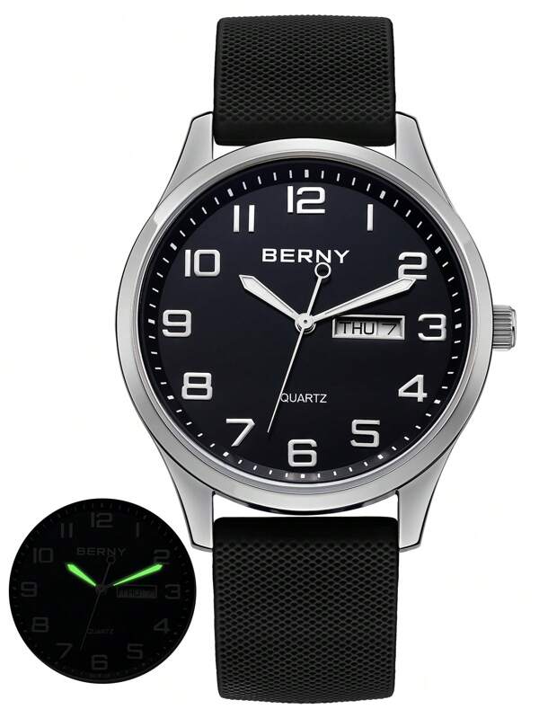 BERNY 1pc Men Black Silicone Strap Casual Calendar Water Resistant Glow