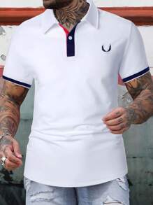 Manfinity Homme 休閒前紐扣 拼接細邊繪圖男士polo襯衫 - 白色 - 查看 1