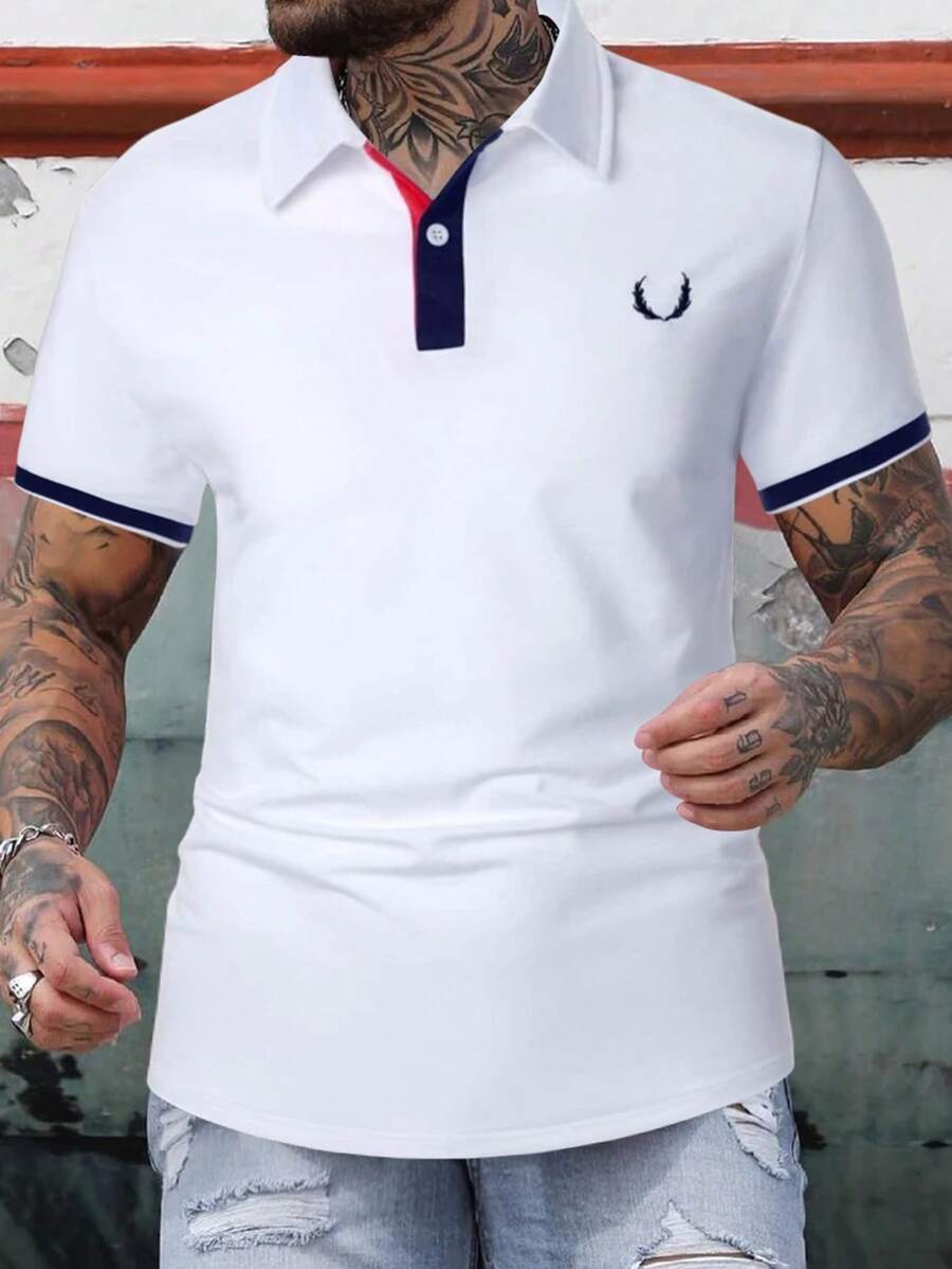 Manfinity Homme 休閒前紐扣 拼接細邊繪圖男士polo襯衫 - 白色 - 查看 1