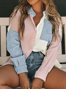 CILKOO Spring/Summer Color Blocking Shoulder Long Sleeved Pocket Loose Women's Shirt - Multicolor - View 2