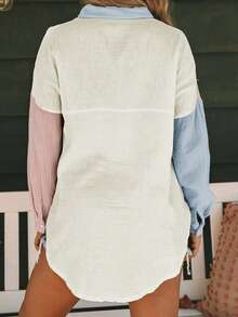 CILKOO Spring/Summer Color Blocking Shoulder Long Sleeved Pocket Loose Women's Shirt - Multicolor - View 3