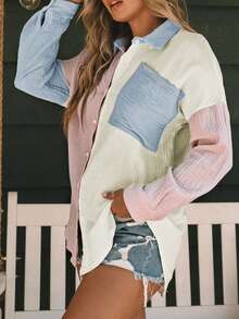 CILKOO Spring/Summer Color Blocking Shoulder Long Sleeved Pocket Loose Women's Shirt - Multicolor - View 4