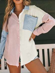 CILKOO Spring/Summer Color Blocking Shoulder Long Sleeved Pocket Loose Women's Shirt - Multicolor - View 6