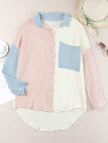 CILKOO Spring/Summer Color Blocking Shoulder Long Sleeved Pocket Loose Women's Shirt - Multicolor - View 7