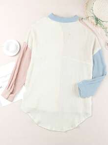 CILKOO Spring/Summer Color Blocking Shoulder Long Sleeved Pocket Loose Women's Shirt - Multicolor - View 8