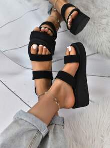 elegante Chanclas para con tira doble cuña Zapatillas - Negro - Ver 1